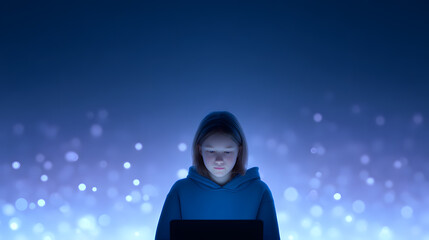 Focused teenage girl sits in dark room with glowing laptop, immersed in coding or tech project, symbolizing young talent, concentration, and digital future.