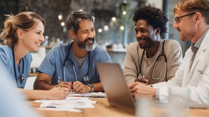 Diverse healthcare professionals discussing diagnosis around a table with medical charts and laptops.
Concept : Medical collaboration, team diagnosis, healthcare teamwork, patient care