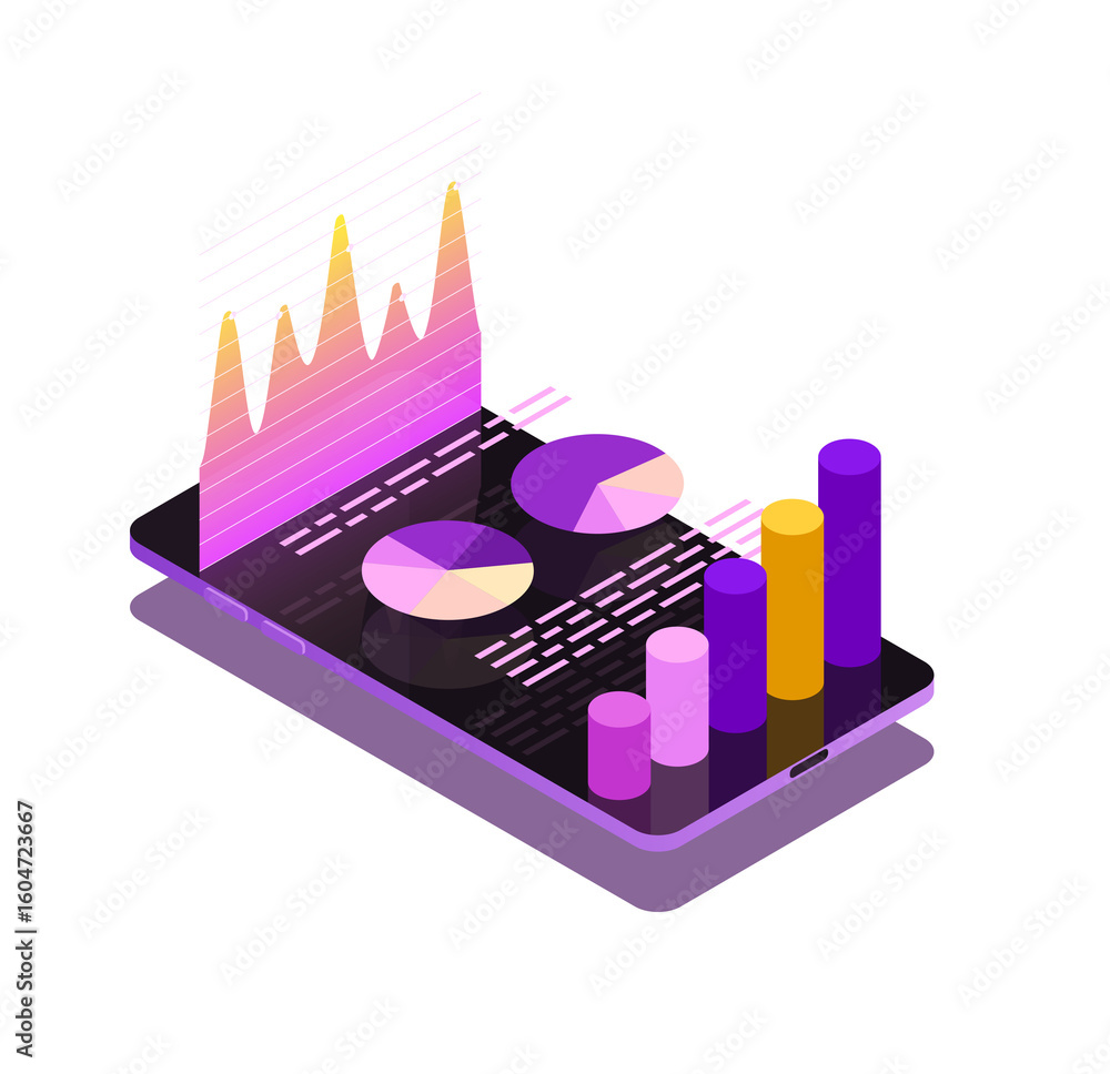 Poster isometric smartphone displaying vibrant financial data graphs and charts