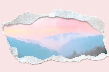 Ripped sticker with a pastel landscape creates a surreal vibe