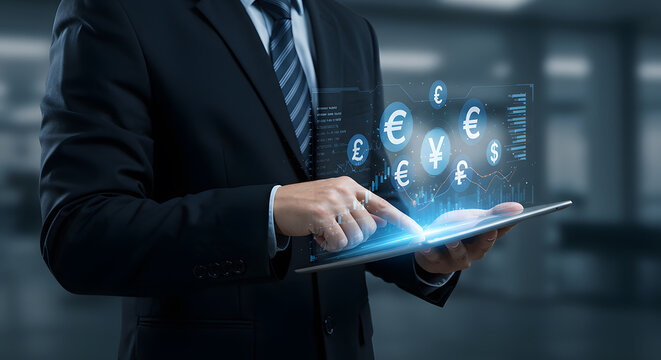 Businessman using tablet with currency symbols representing global financial trading markets - Powered by Adobe