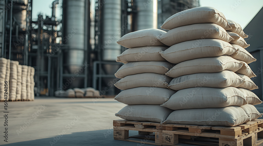 Poster stacked sacks on pallet, industrial backdrop, conveys storage & supply chain themes. focus on logist