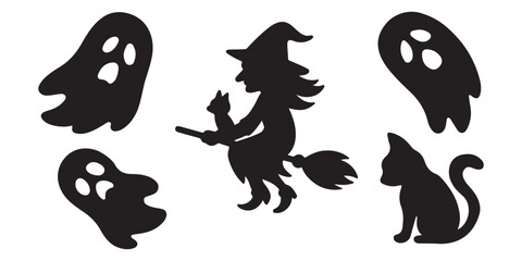Fototapeta premium Halloween black silhouettes witch bat ghost pumpkin cat spider cauldron
