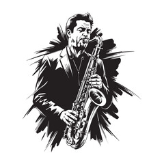 free handing drawing of a jazz saxophonist abstract sketch brush  abstract sketch engraving vector illustration
