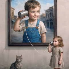 A small girl stands next to an intriguing framed picture of a boy holding a tin can connected by a string, as if they are communicating, while a curious tabby cat sits nearby