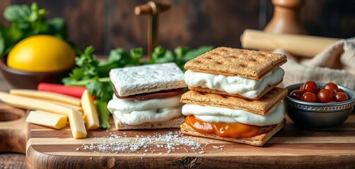 Gourmet s'mores ingredients arranged on butcher block,  detail,  handcrafted
