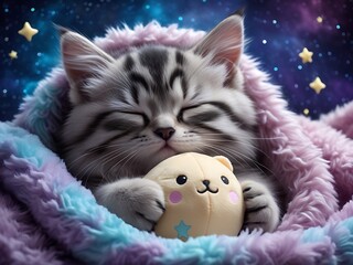 Kitten sleeps under starry sky.