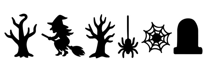 Halloween black silhouettes witch bat ghost pumpkin cat spider cauldron