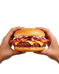 Realistic Cheeseburger with Bacon Held by Hands – Transparent Background PNG