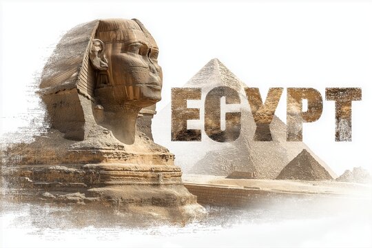 Great Sphinx and the Pyramid of Cheops at Giza in Egypt on a white isolated background. Tourist banner template with the inscription text lettering Egypt