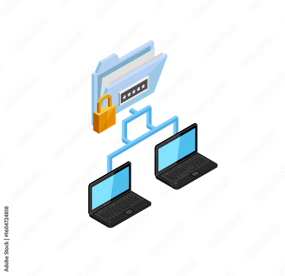 Poster secure data network: isometric illustration of password-protected file sharing between laptops.