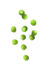 Fresh green peas falling on white background