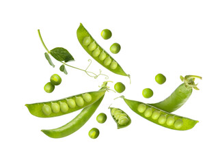 Green peas and pods falling on white background
