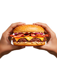Realistic Cheeseburger with Bacon Held by Hands – Transparent Background PNG