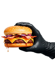 Realistic Cheeseburger with Bacon Held by Hands – Transparent Background PNG