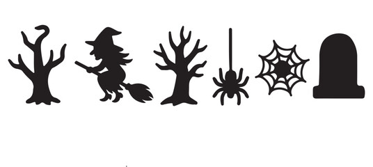 Halloween icons pumpkin witch hat broom ghost skull spider bat haunted house