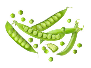 Green peas and pods falling on white background