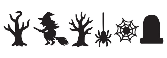 Halloween icons pumpkin witch hat broom ghost skull spider bat haunted house