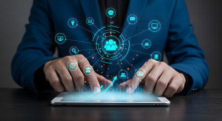 Businessman interacting with digital technology and global business connection on tablet