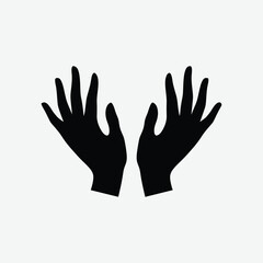 Simple abstract icon of two open black hand silhouettes, symmetrical and minimalistic, perfect for logo, pictogram, tattoo, or graphic design use.