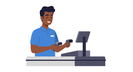 Smiling cashier with two barcode scanners at a point of sale system.