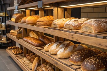 Assortment of freshly baked artisan breads on wooden shelves bakery sourdough