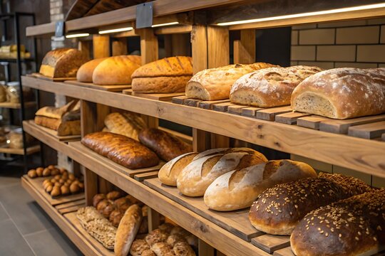 Assortment of freshly baked artisan breads on wooden shelves bakery sourdough - Powered by Adobe