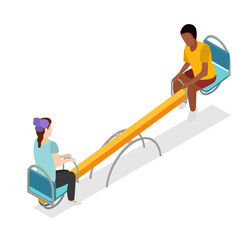 Isometric Illustration: Diverse Children Playing on a Seesaw, Joyful Playground Scene, Inclusive Design