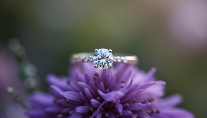 Jewelry Ring with diamond on violet flower, soft focus