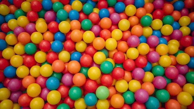 Top view of colorful plastic balls in a ball pit. Bright and vibrant playground balls in red, yellow, green, blue, orange, and pink colors, creating a cheerful and playful background