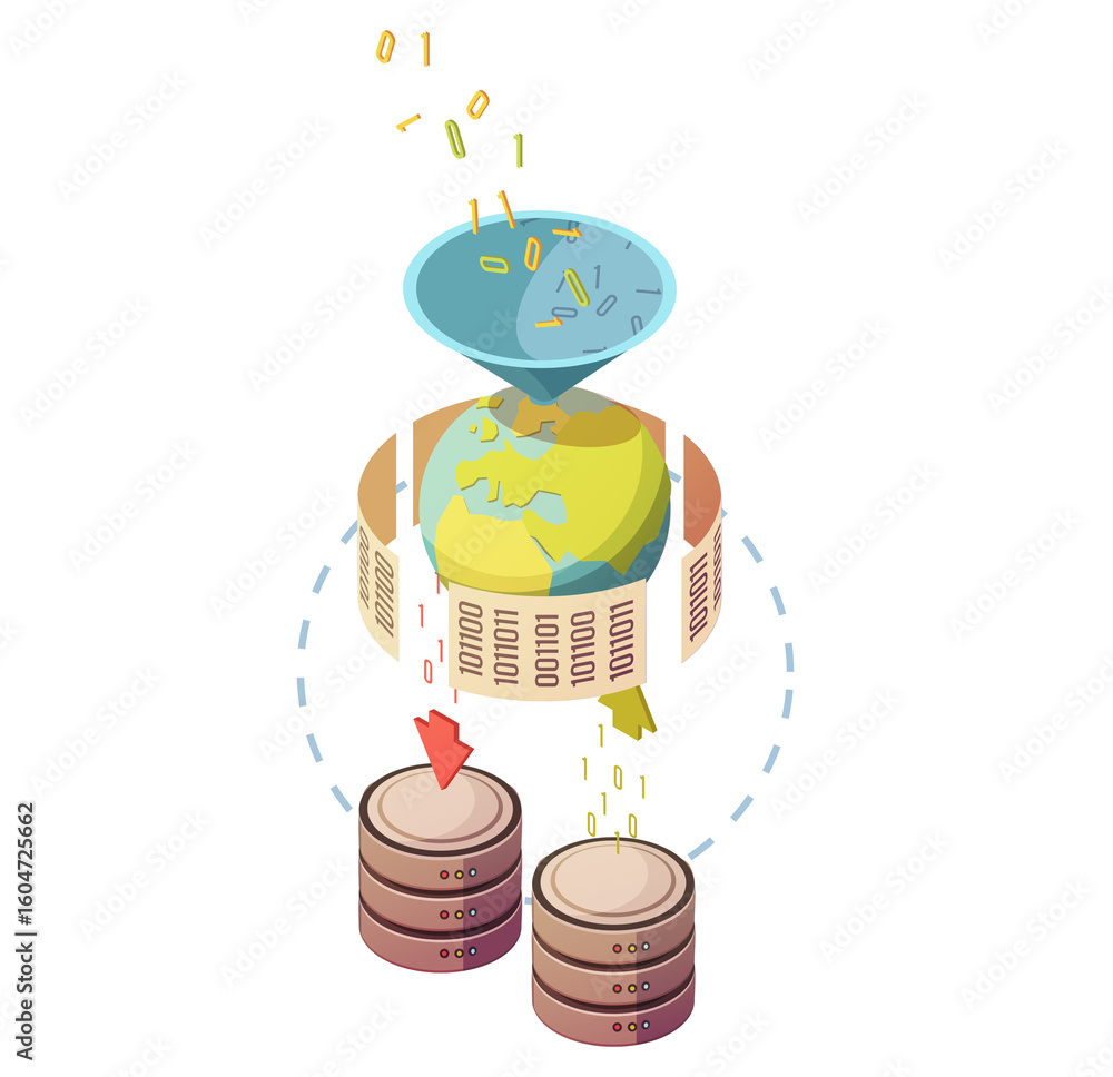 Poster global data processing: isometric illustration of binary code transfer to servers