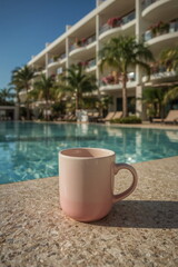 Pink Coffee Mug on Poolside Edge with Resort Background Palm Trees and Lounge Chairs for Summer Vacation Relaxation and Tropical Morning Beverage Concept