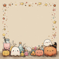 Fototapeta premium Halloween border of smiling ghosts, bubble tea with bat straws, tiny pumpkins with eyes, star confetti