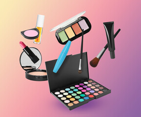 Eyeshadow palette and other makeup products in air against color gradient background