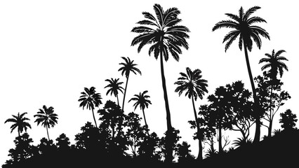 A silhouette of lush tropical palm trees and dense foliage against a stark black background isolated on transparent background