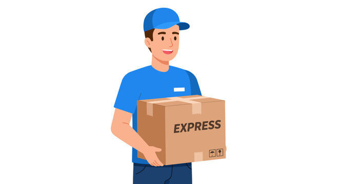Smiling delivery man in blue uniform holding an express package.