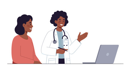 Smiling doctor explaining diagnosis to patient with laptop in consultation.