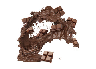 Chocolate pieces and cacao drink splash on white background