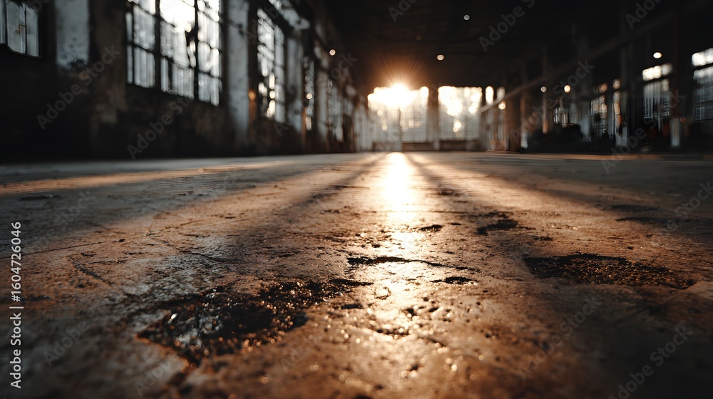 Poster sunlight streams across a weathered factory floor.