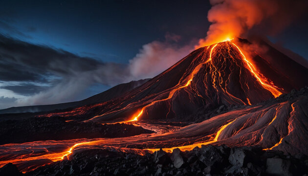  Molten lava flows into the ocean at night, creating a vivid orange glow against dark rock, with wisps of steam rising.

