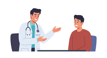 Smiling doctor in lab coat explaining diagnosis to patient at desk.