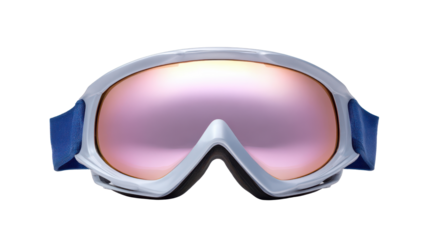 Ski goggles with reflective pink lens and blue adjustable strap isolated on transparency background for winter sports protection