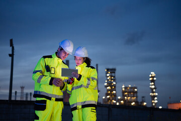 Engineers Collaborating at Manufacturing Plant, Team of Industrial Workers with Tablet, Engineers...