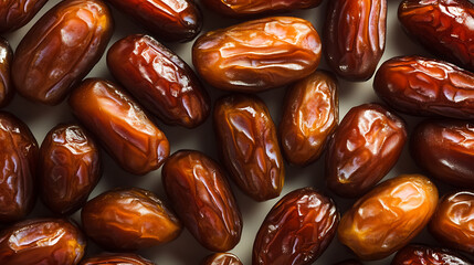 Dates: A close-up of fresh dates showcasing their glossy texture and rich, natural color. A delicious and healthy treat, perfect for snacking.
