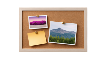 Cork bulletin board with wooden frame holding two landscape photos and blank yellow note pinned with gold thumbtacks