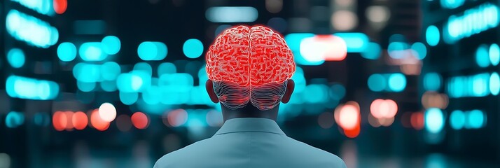 A person with a digital red brain scan overlay on their head stands against a blurred cityscape with blue and red lights.