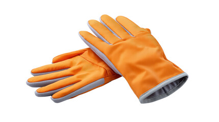 Orange work gloves with gray trim and reinforced fingertips isolated on transparency background for safety and protection