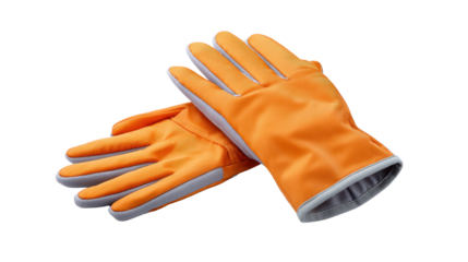 Orange work gloves with gray trim and reinforced fingertips isolated on transparency background for safety and protection