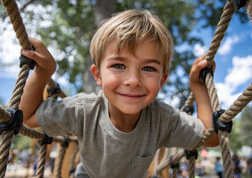 A happy child climbing on an outdoor playground, playing with their friends and smiling while holding onto the net of the jungle gym against a blue sky background