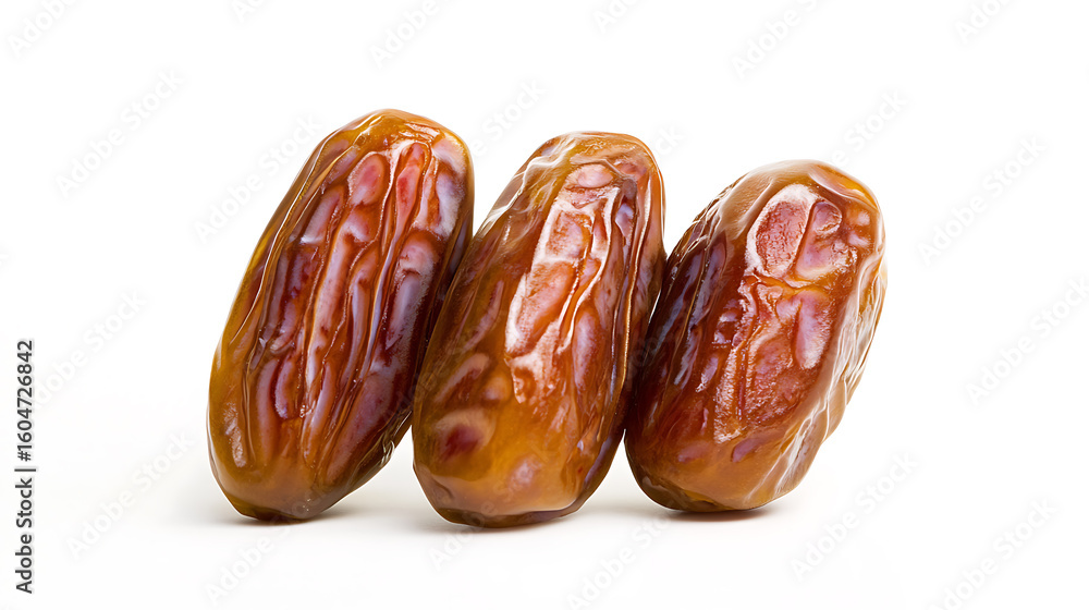 Poster three dates lined up against a white background. the dates are oblong shaped and a deep brown color 